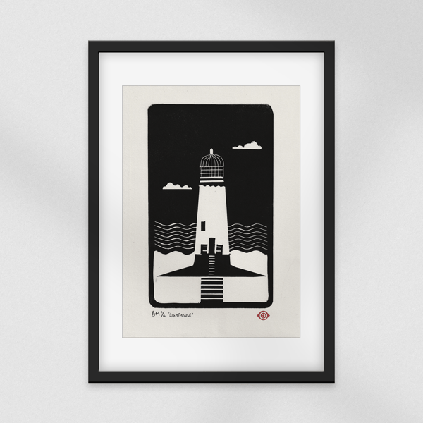 Lighthouse Linocut Print - Limited Edition Handmade Coastal Art