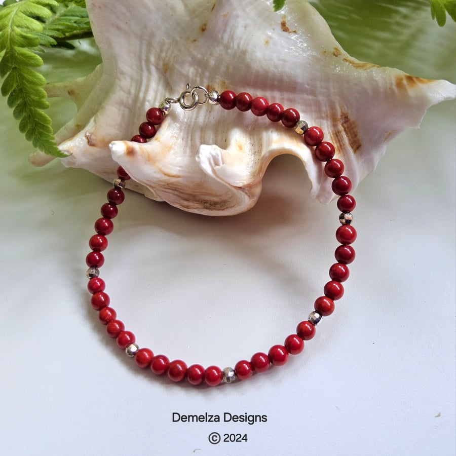 Eco Red Bamboo Coral Skinny Sterling Silver Stacker Bracelet