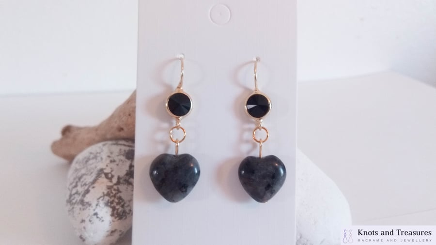 Natural Black Labradorite Stone Heart Earrings