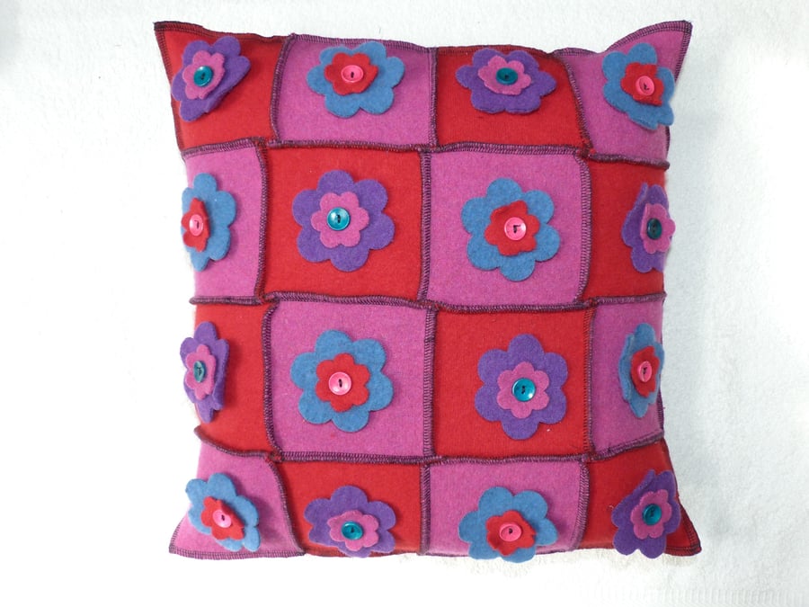 Upcycled Natural Fibre Cushion  with Felt Flowers and a  Button Back