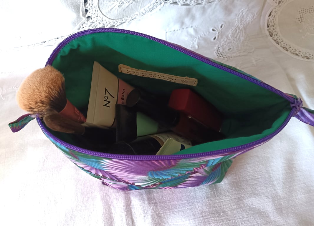 large makeup bag - abstract leaves or fans in purples and greens