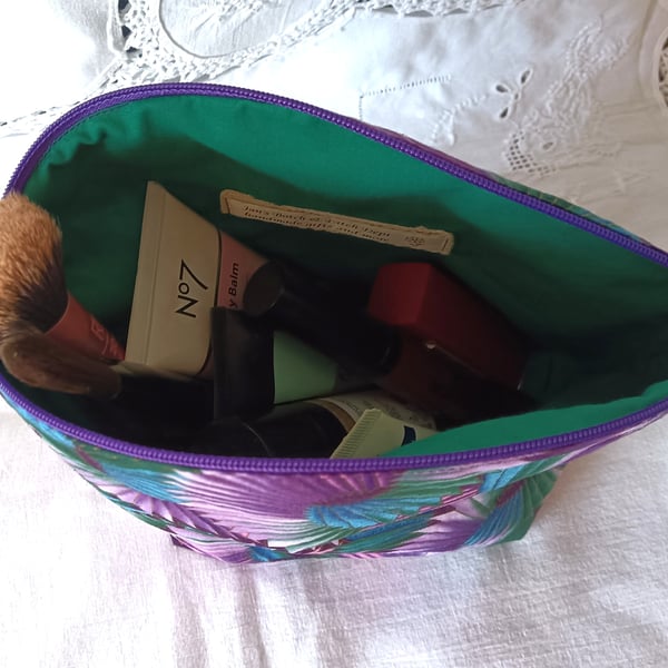 large makeup bag - abstract leaves or fans in purples and greens