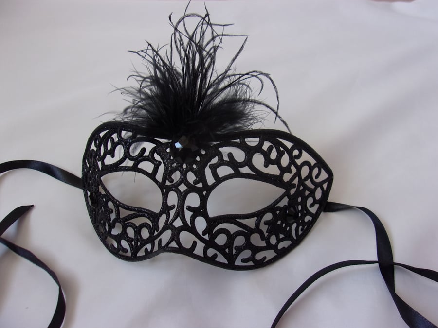 Black Filligree Glittered Feather Bespoke Masquerade Mask