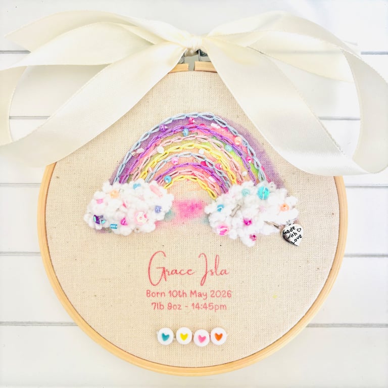 Personalised Baby Announcement Hoop,  Rainbow New Baby Gift,  Watercolour 