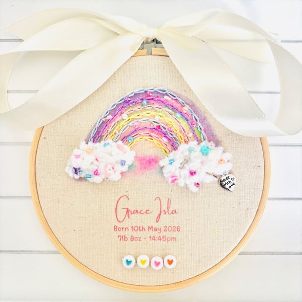Rainbow Baby Announcement Hoop Personalised New Baby Gift Embroidered Keepsake