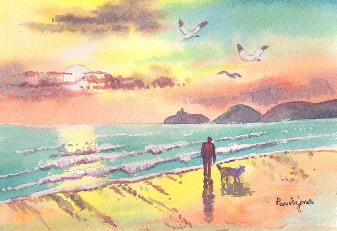 Tranquil Walk with Mans Best Friend, Mumbles, Watercolour Print in 9 x 7'' Mount