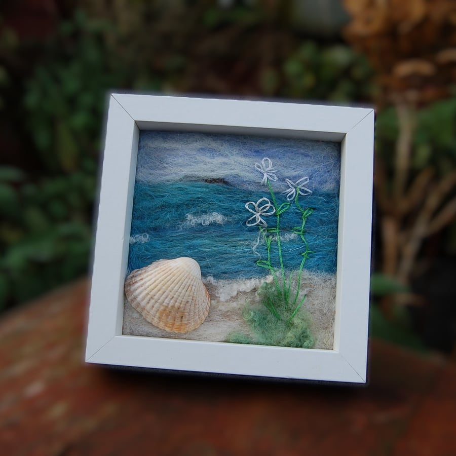 Needle felted and hand embroidered wool picture - Coastal scene