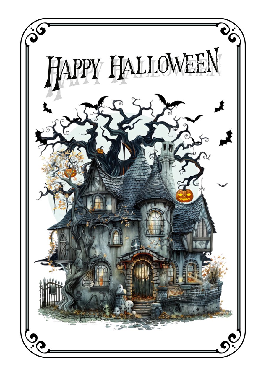 Happy Halloween Card, Haunted House, Spooky Tree and Bats!
