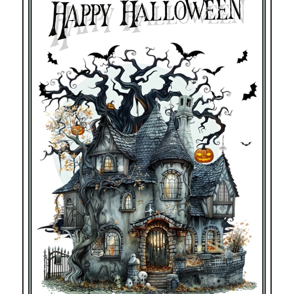 Happy Halloween Card, Haunted House, Spooky Tree and Bats!