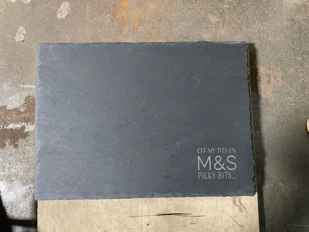 Off My Tits On M&S Picky Bits Engraved Slate Cheese Board