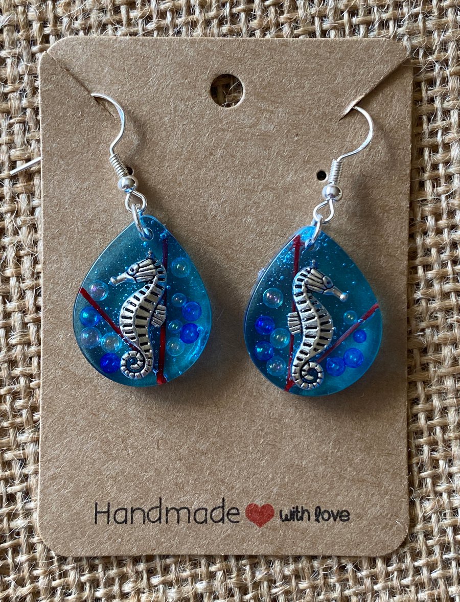 Small Teardrop Shaped Seahorse Earrings With Blue And Bubble Beads