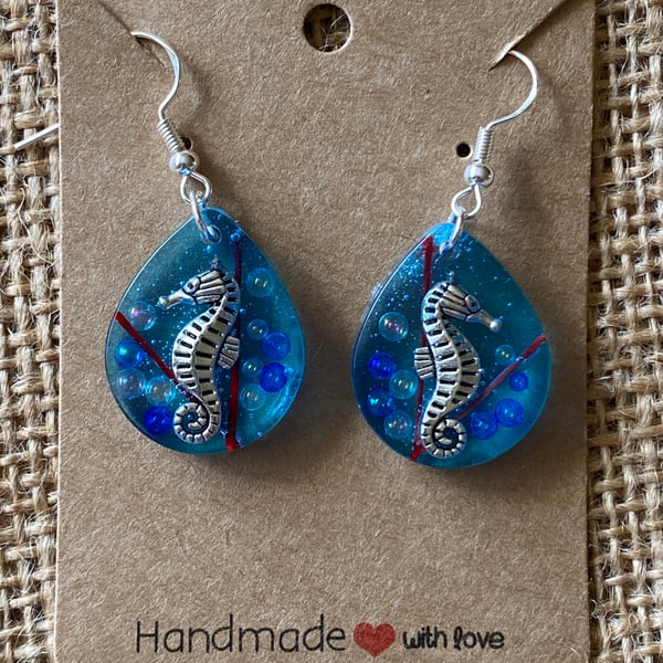 Small Teardrop Shaped Seahorse Earrings With Blue And Bubble Beads