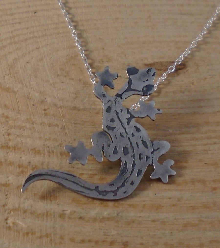 Sterling Silver Etched Lizard Necklace