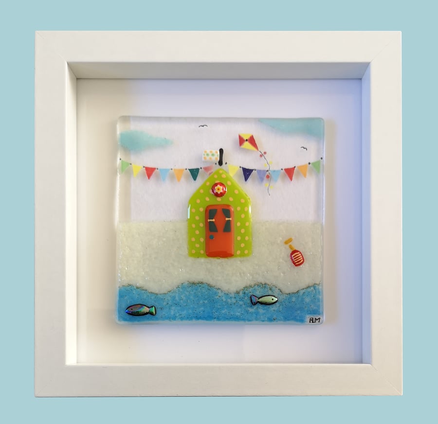 HANDMADE FUSED GLASS ON CERAMIC 'GREEN BEACH-HUT' PICTURE