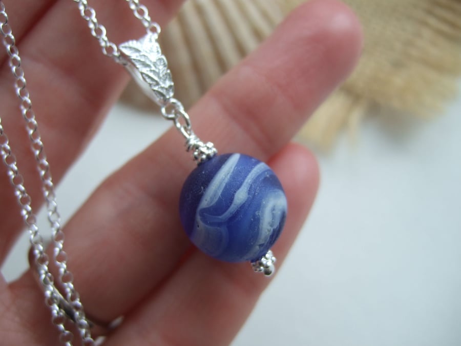 Sea Glass Marble Necklace, Blue Beach Marble, Sterling Silver 
