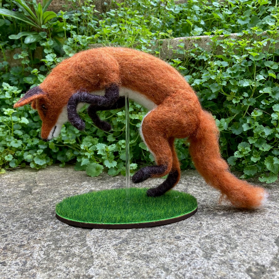 Leaping Fox model, needle felted animal,  (24-4)