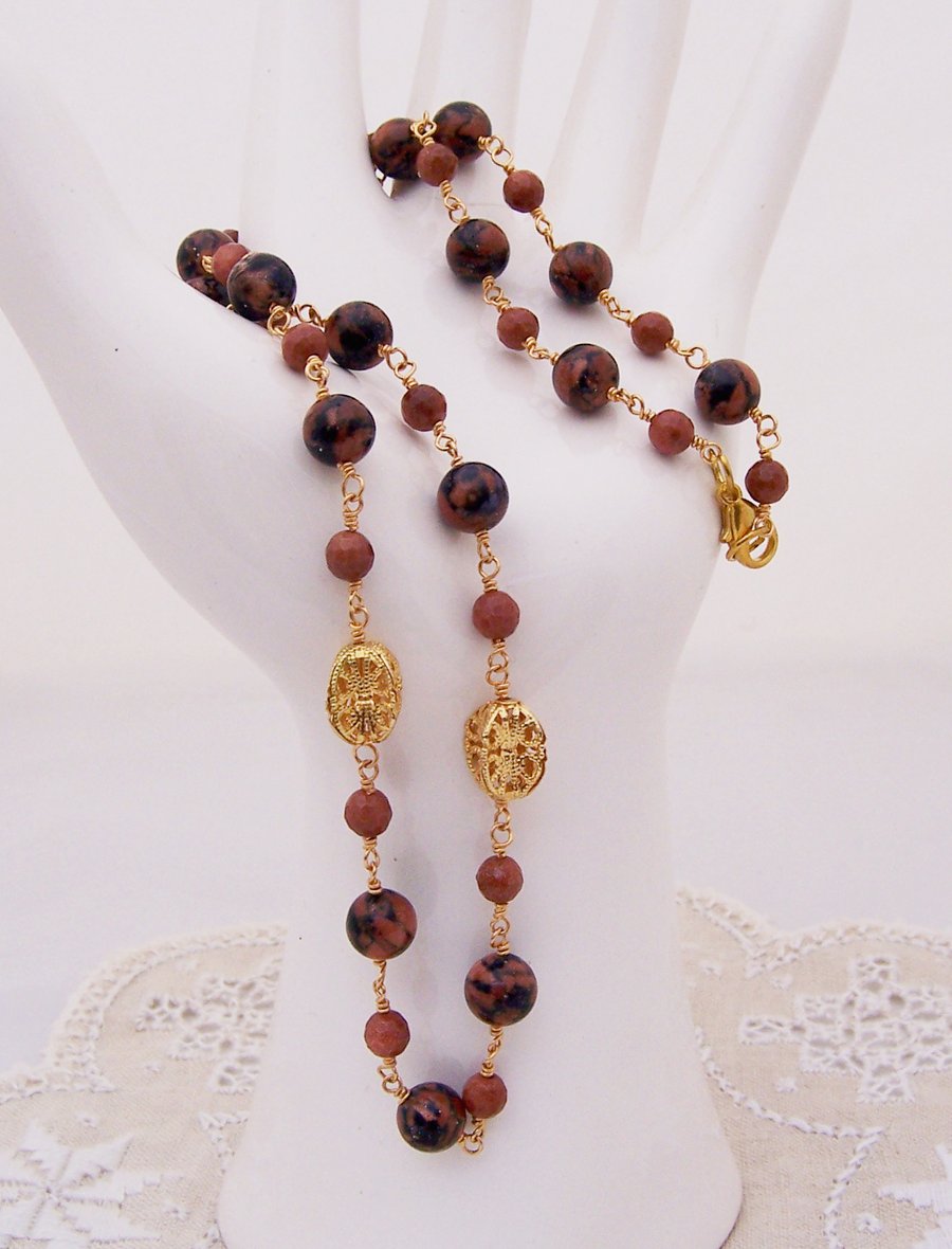 Gemstone necklace, Goldsand Necklace, Gold and Brown Necklace, Handmade Jewelry