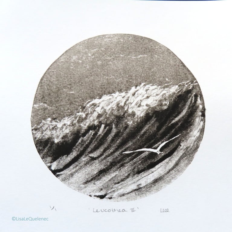 Sea, surf & gliding gulls black & white monoprint coastal beach scene Leucothea