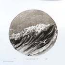 Sea, surf & gliding gulls black & white monoprint coastal beach scene Leucothea