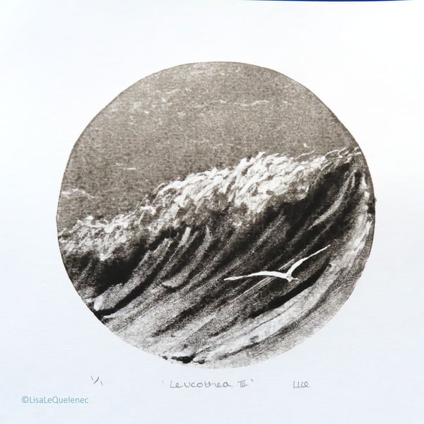 Sea, surf & gliding gulls black & white monoprint coastal beach scene Leucothea