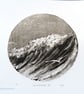 Sea, surf & gliding gulls black & white monoprint coastal beach scene Leucothea