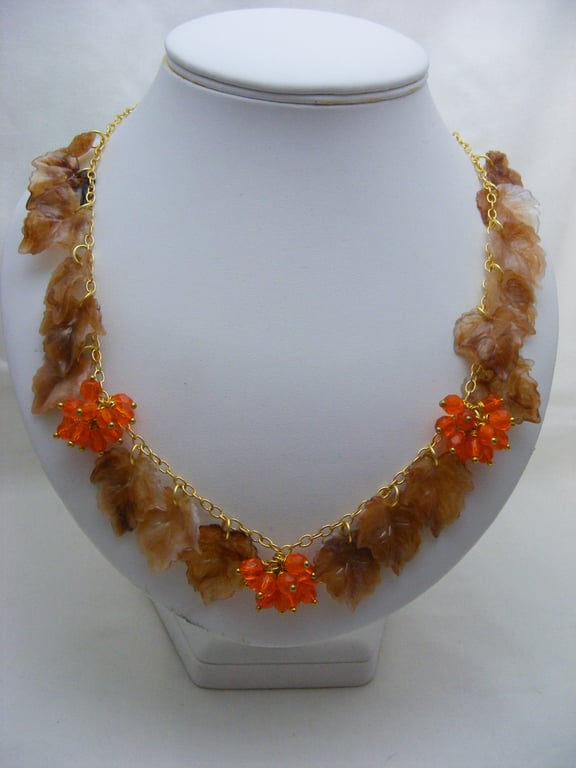 Marbled Leaves and Orange Berries Necklace.