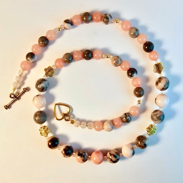 Pink Opal, Pink Zebra Jasper And Rose Quartz Necklace - Handmade In Devon