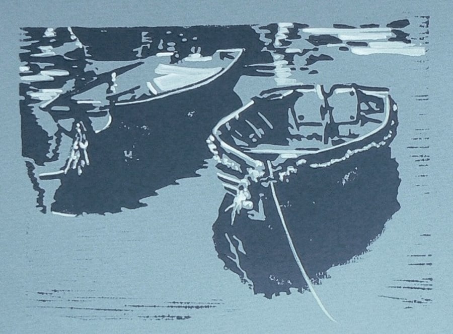 Mevagissey Boats Lino cut print