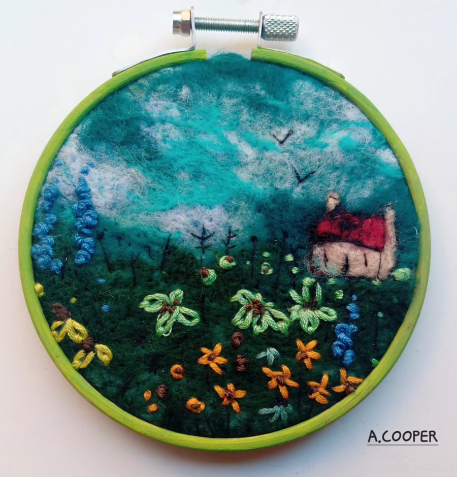 , SCOTTISH BOTHY UNDER A TEAL SKY,handmade, original, needle felted wool picture