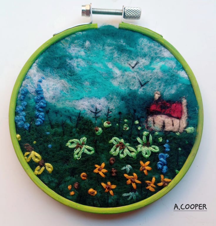 , SCOTTISH BOTHY UNDER A TEAL SKY,handmade, original, needle felted wool picture