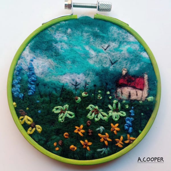 , SCOTTISH BOTHY UNDER A TEAL SKY,handmade, original, needle felted wool picture