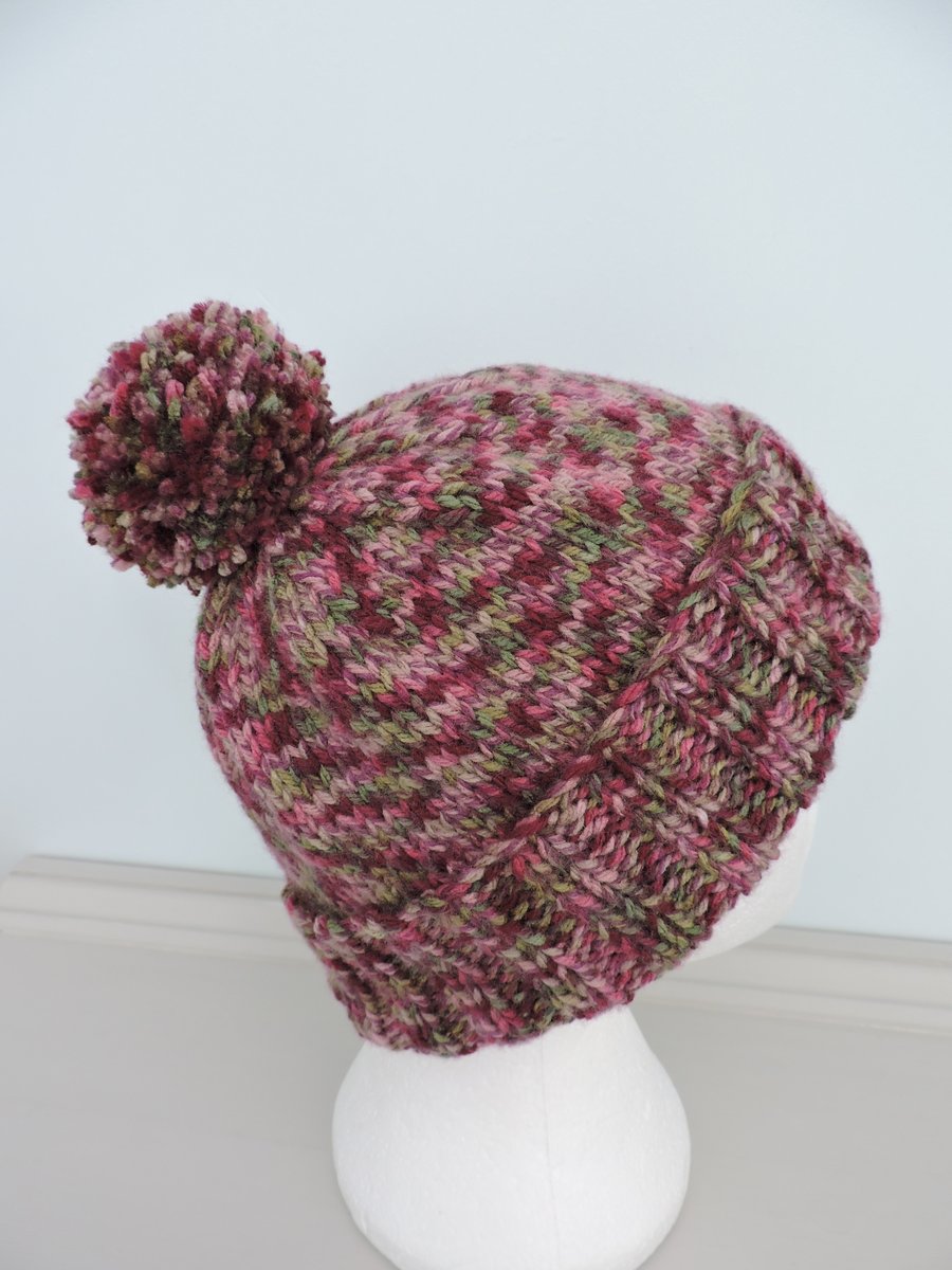 Reduced by 25% Bobble Hat  Pink Raspberry Claret and Green Hand Knitted