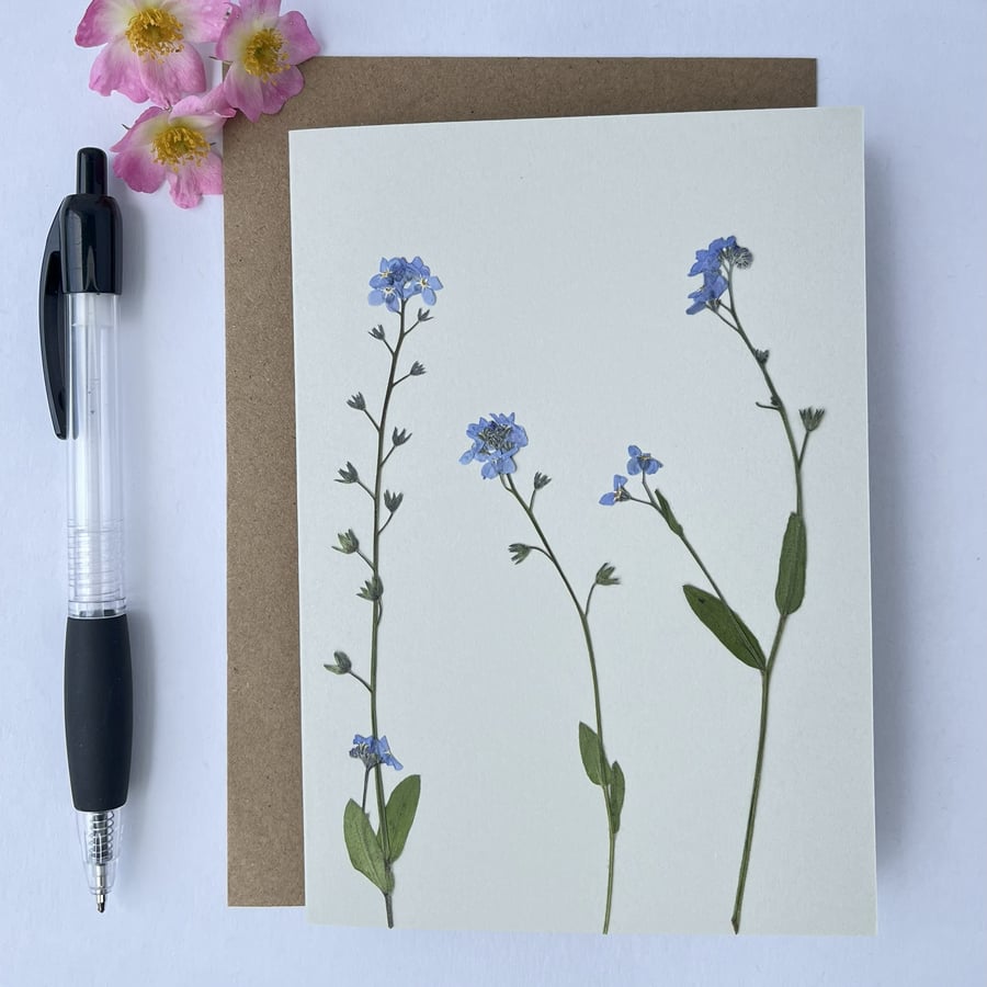 Handmade Real Pressed Flower Greeting Card, Forget-me-not, Birthday, Thank you