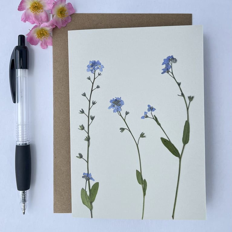 Handmade Real Pressed Flower Greeting Card, Forget-me-not, Birthday, Thank you