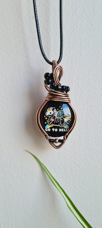 Go To Hell Unicorn Dark Black Glass & Copper Pendant Gift Jewellery Jewelry 