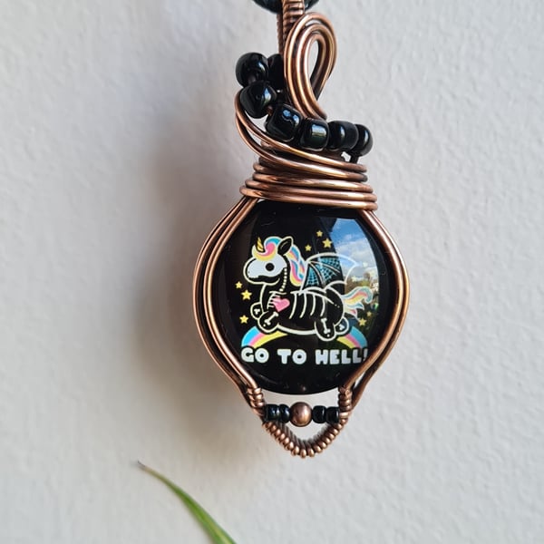 Go To Hell Unicorn Dark Black Glass & Copper Pendant Gift Jewellery Jewelry 
