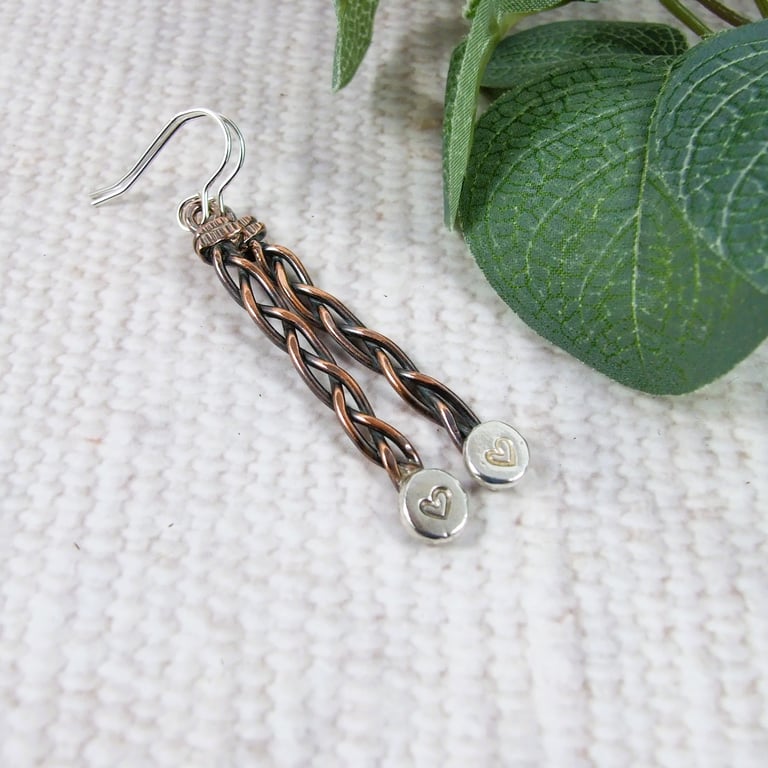 Earrings, Copper Weave with Sterling Silver Heart Stamped Pebble