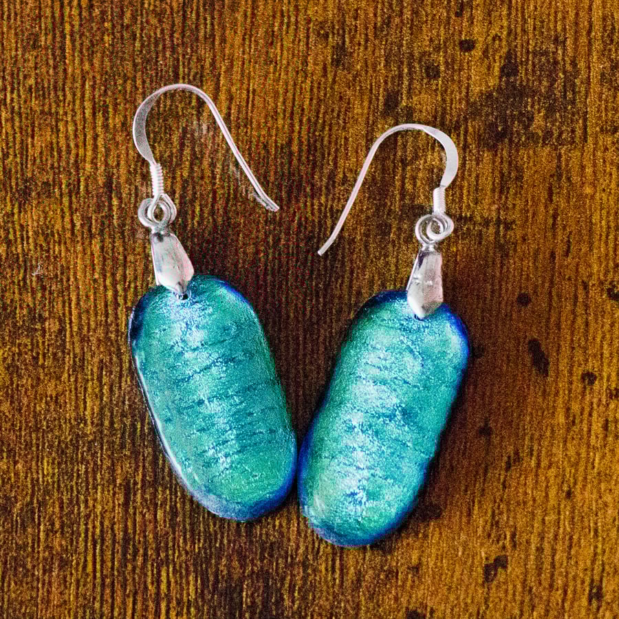 Light Teal Dichroic Glass Earrings on Sterling Silver Wires - 2111