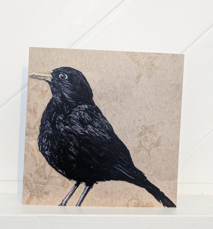 Male Blackbird Embroidery Art Greeting Cards