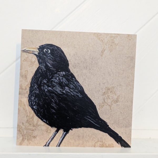 Male Blackbird Embroidery Art Greeting Cards