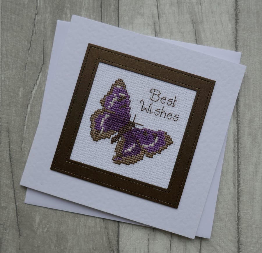 Cross Stitch Purple Emperor Butterfly - Best Wishes Card