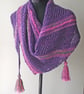 Asymmetrical Scarf, Wrap, Shawl, Purple, Pink, Green, Handspun Knitted, Merino  - Image 2