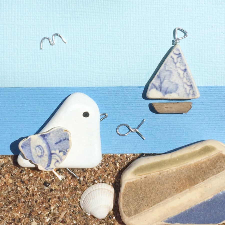 Seagull & Sailboat Pebble Art Framed Picture. Real Sand, Shells & Beach Pottery