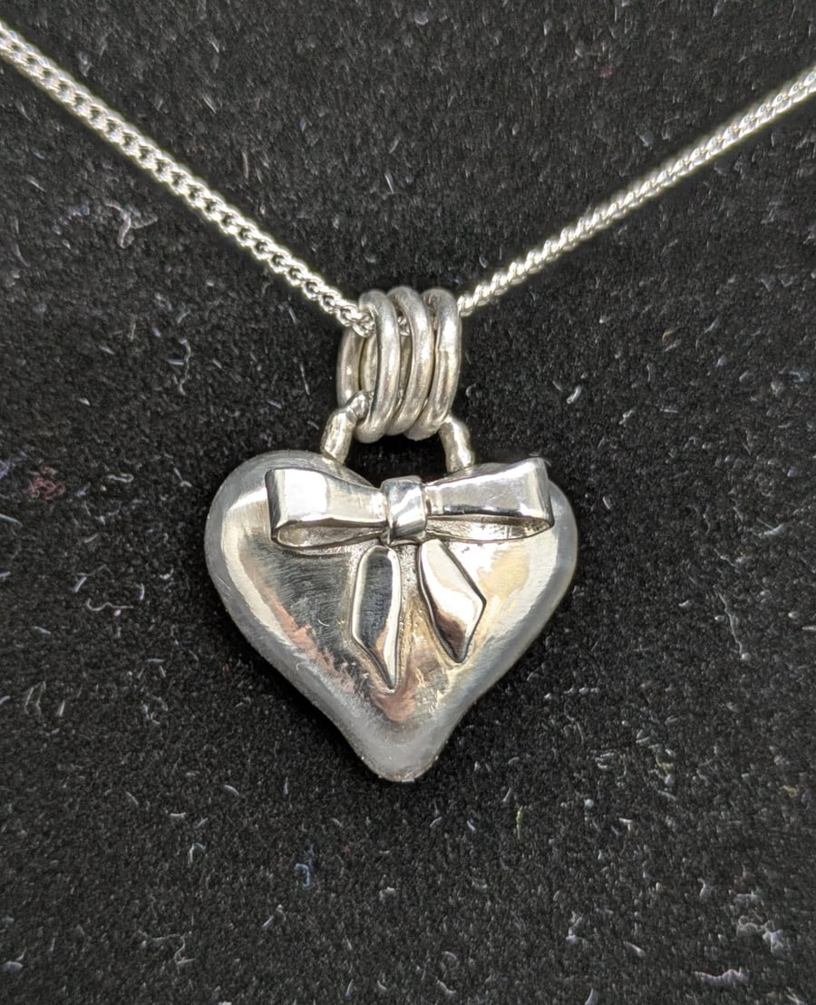 Sterling silver heart with bow, Silver heart necklace