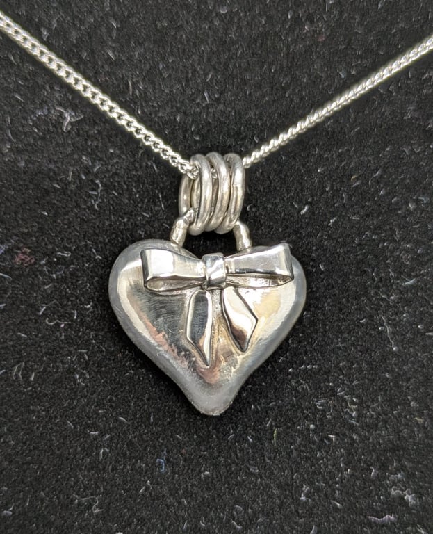 Sterling silver heart with bow, Silver heart necklace