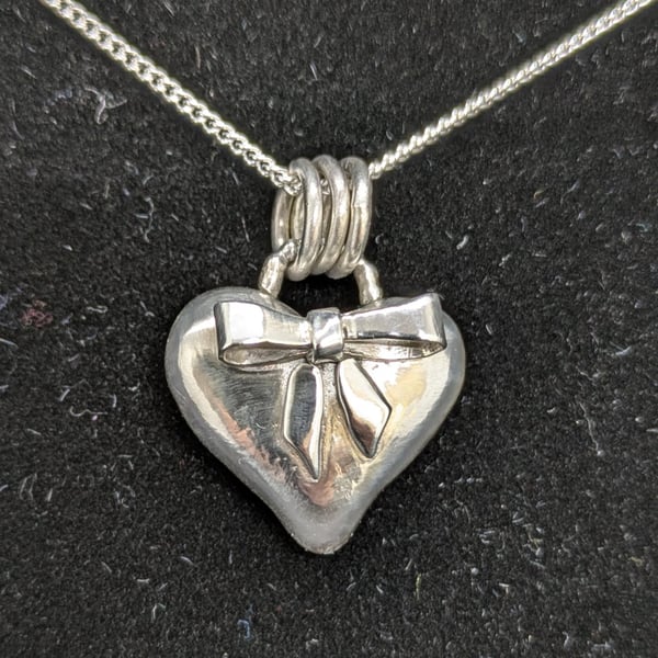 Sterling silver heart with bow, Silver heart necklace