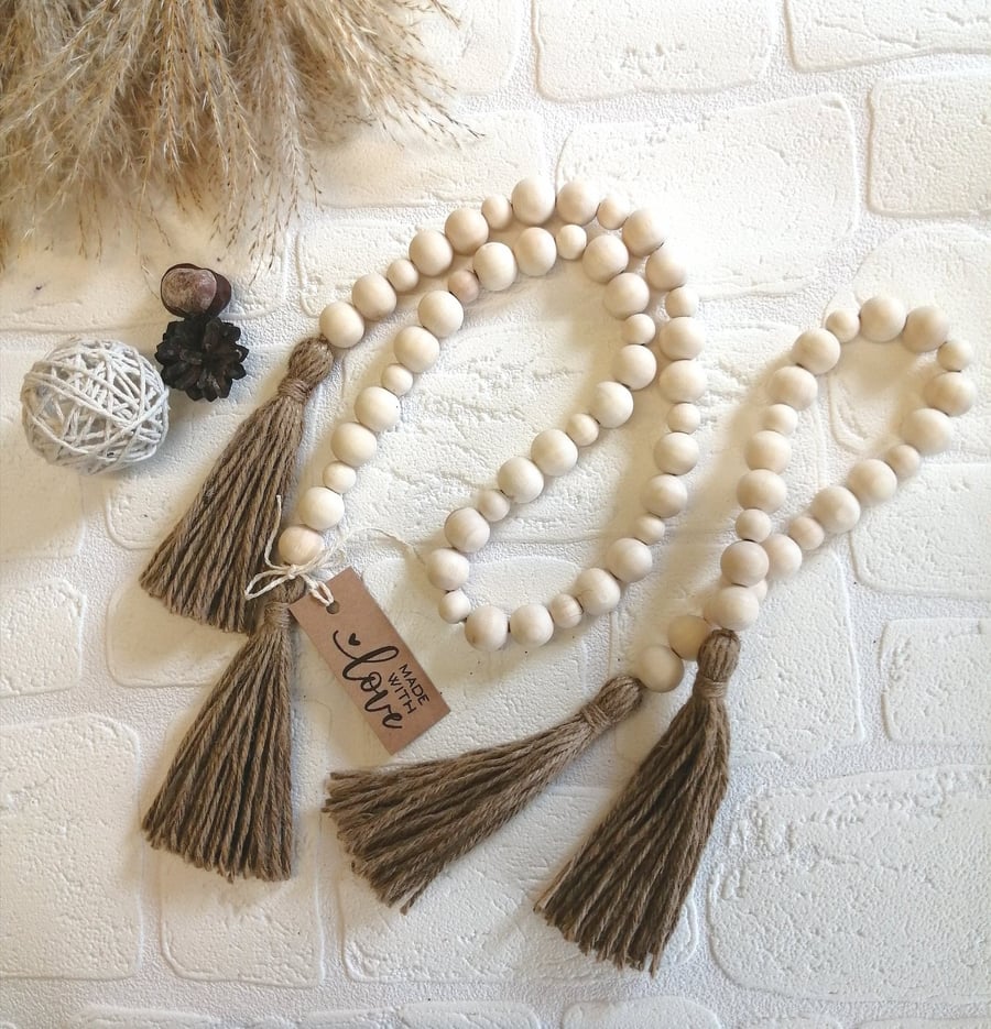 Natural wooden bead garland with jute tassel, Handmade Farmhouse decoration