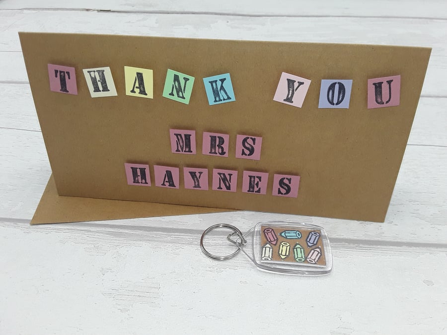 Teacher thank you card and gift. Personalised card and personalised key ring.
