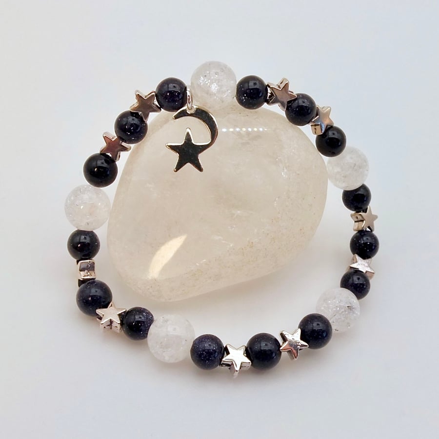 Quartz & Blue Goldstone Bracelet With Silver Stars, Birthday Gifts For Her