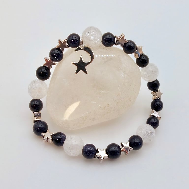 Quartz & Blue Goldstone Bracelet With Silver Stars, Birthday Gifts For Her